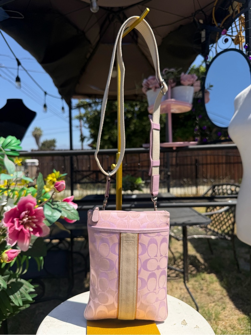 Coach Pink Signature Crossbody Bag with Cream Strap y2k